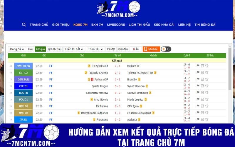 Hướng dẫn xem kết quả trực tiếp bóng đá tại trang chủ 7m